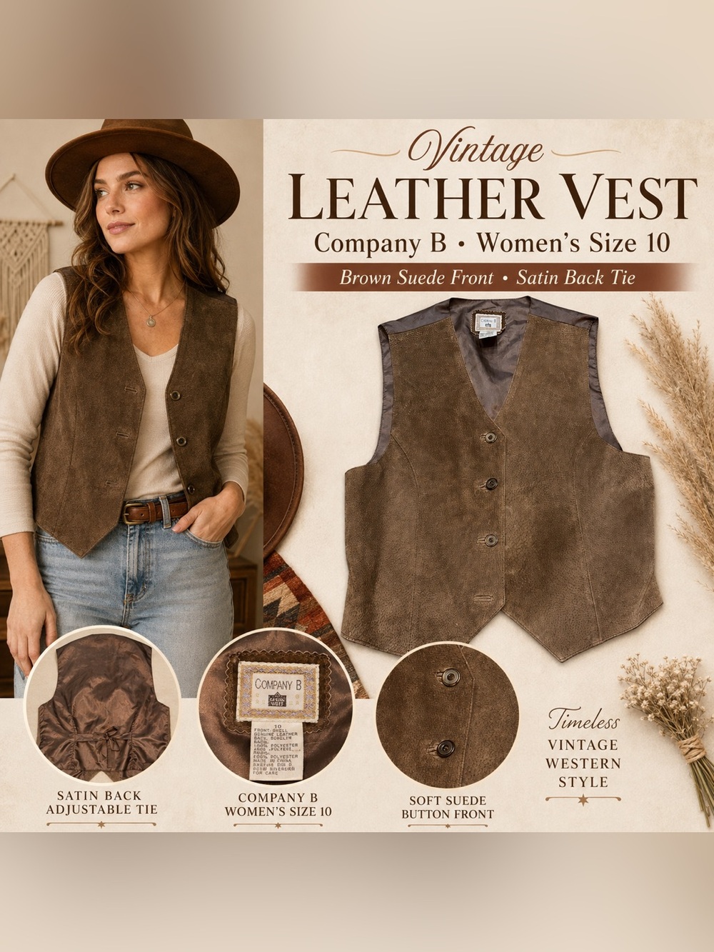Company B Vintage Brown Suede Leather Vest Women’s Size 10 Western Boho